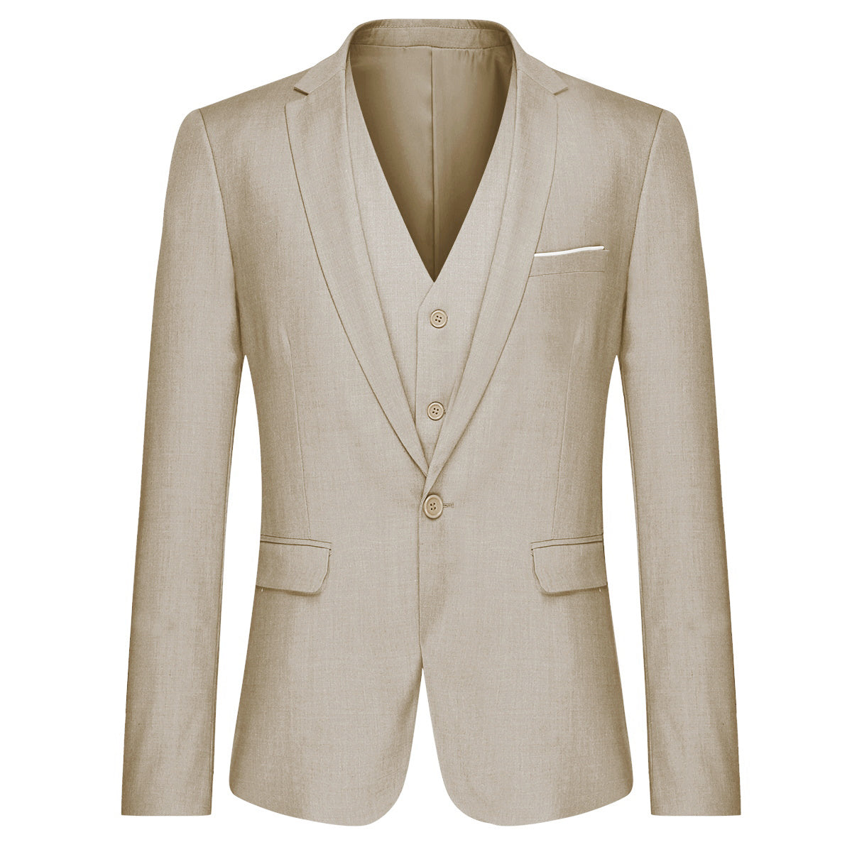 YFFUSHI Men's Slim Fit 3 Piece Suit One Button Suits Blazer Tux Vest & Trousers Beige
