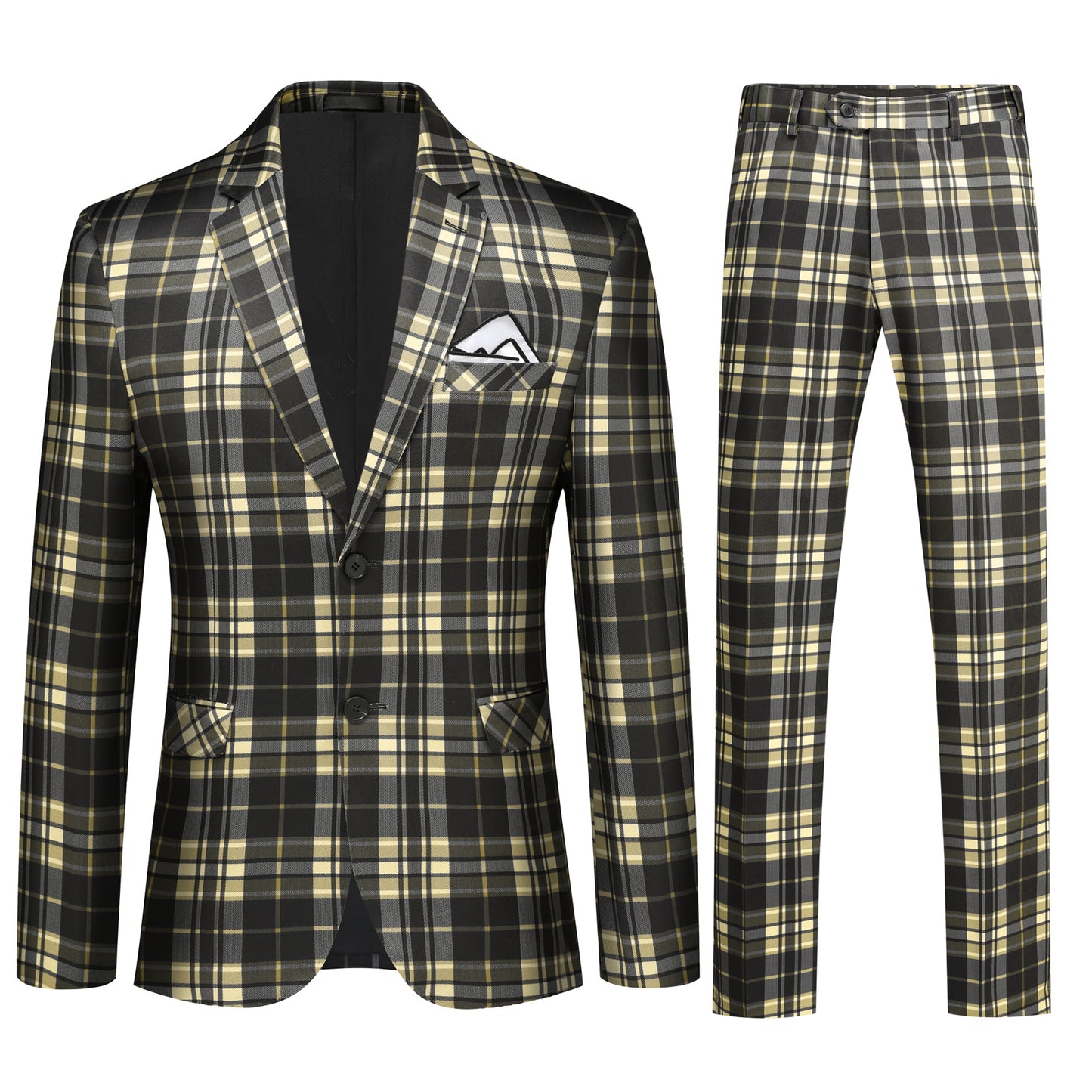 YFFUSHI Men's Plaid Tweed 2 Piece Suit Slim Fit Button Dinner Suit Tuxedo Yellow
