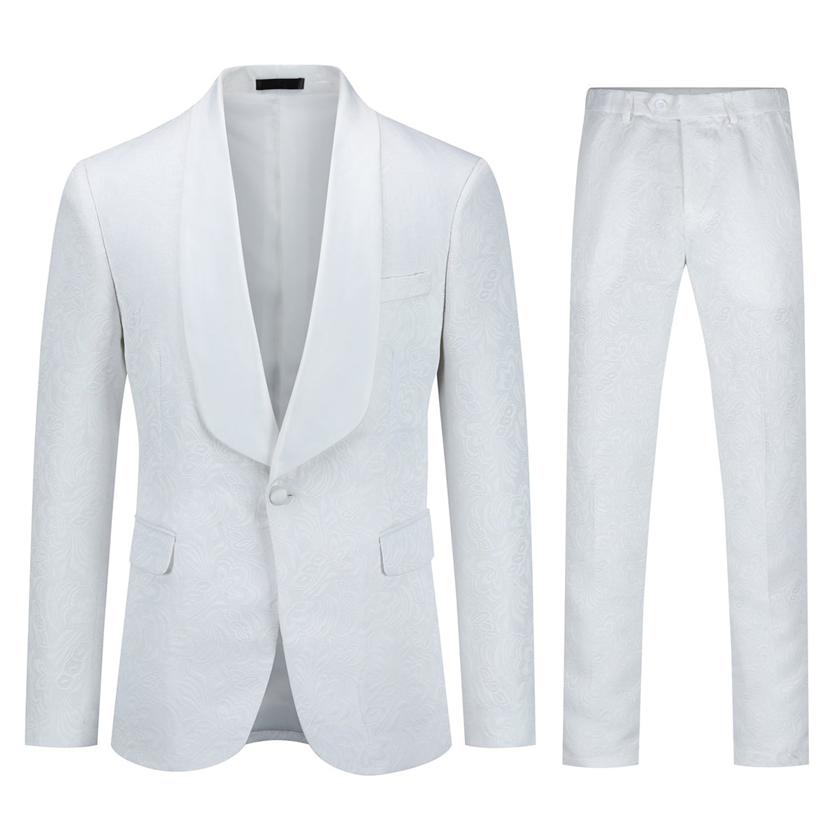 Men's Shawl Collar Jacquard One-Button Formal Suit 2-Piece Set White
