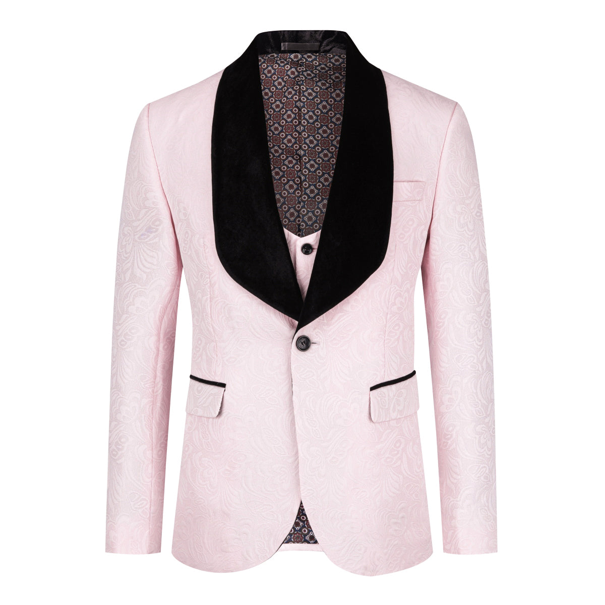 YFFUSHI Men's 3 Piece Suit Jacquard Tuxedo One Button Shawl Collar Pink