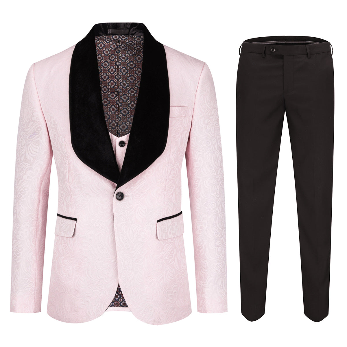 YFFUSHI Men's 3 Piece Suit Jacquard Tuxedo One Button Shawl Collar Pink