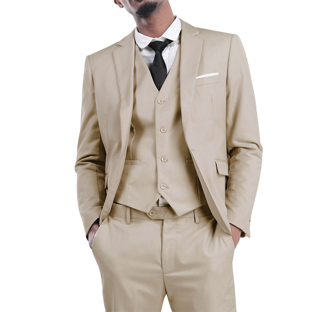 YFFUSHI Men's Slim Fit 3 Piece Suit One Button Suits Blazer Tux Vest & Trousers Beige
