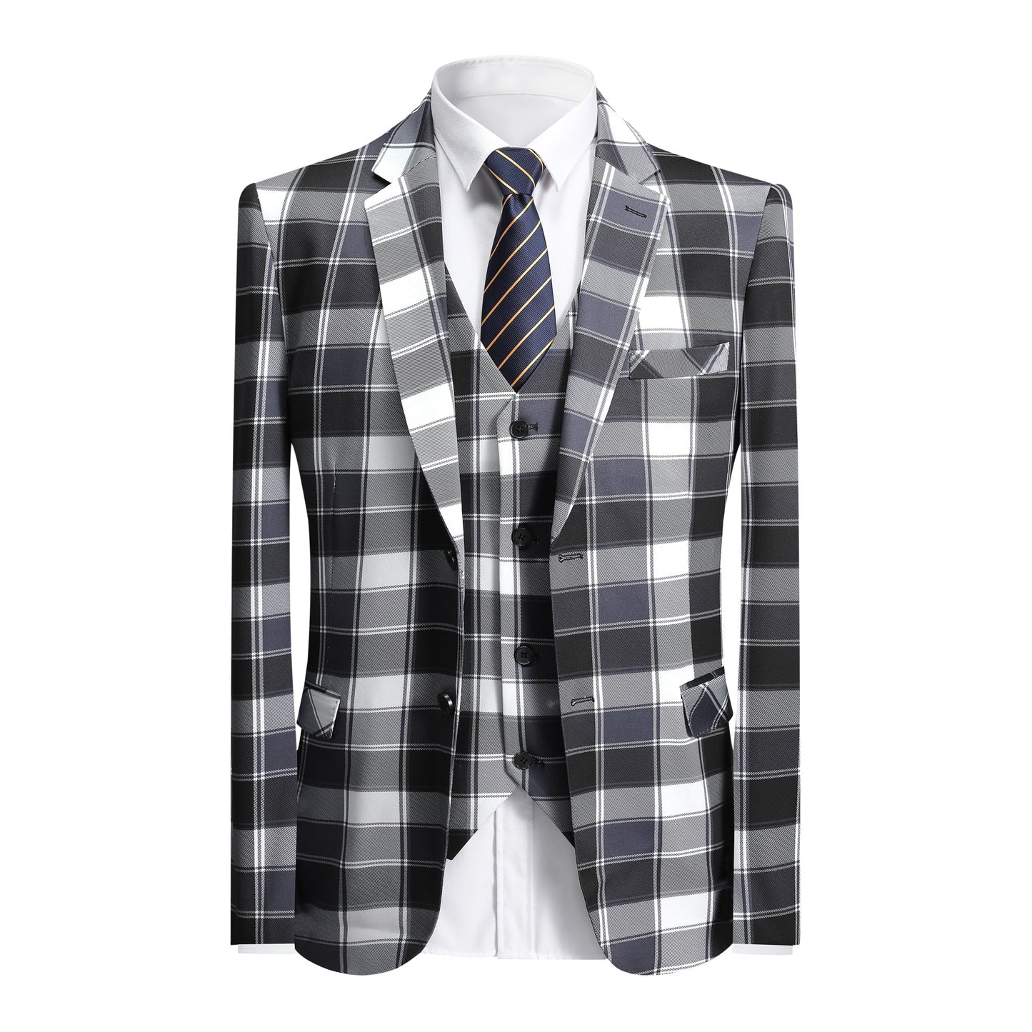YFFUSHI Men's Plaid Tweed 3 Piece Suit Slim Fit Button Dinner Suit White