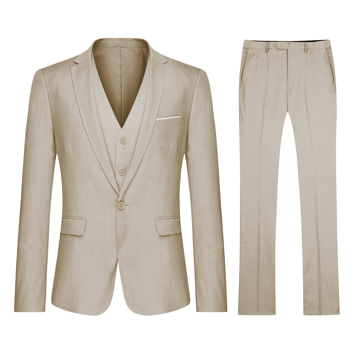 YFFUSHI Men's Slim Fit 3 Piece Suit One Button Suits Blazer Tux Vest & Trousers Beige
