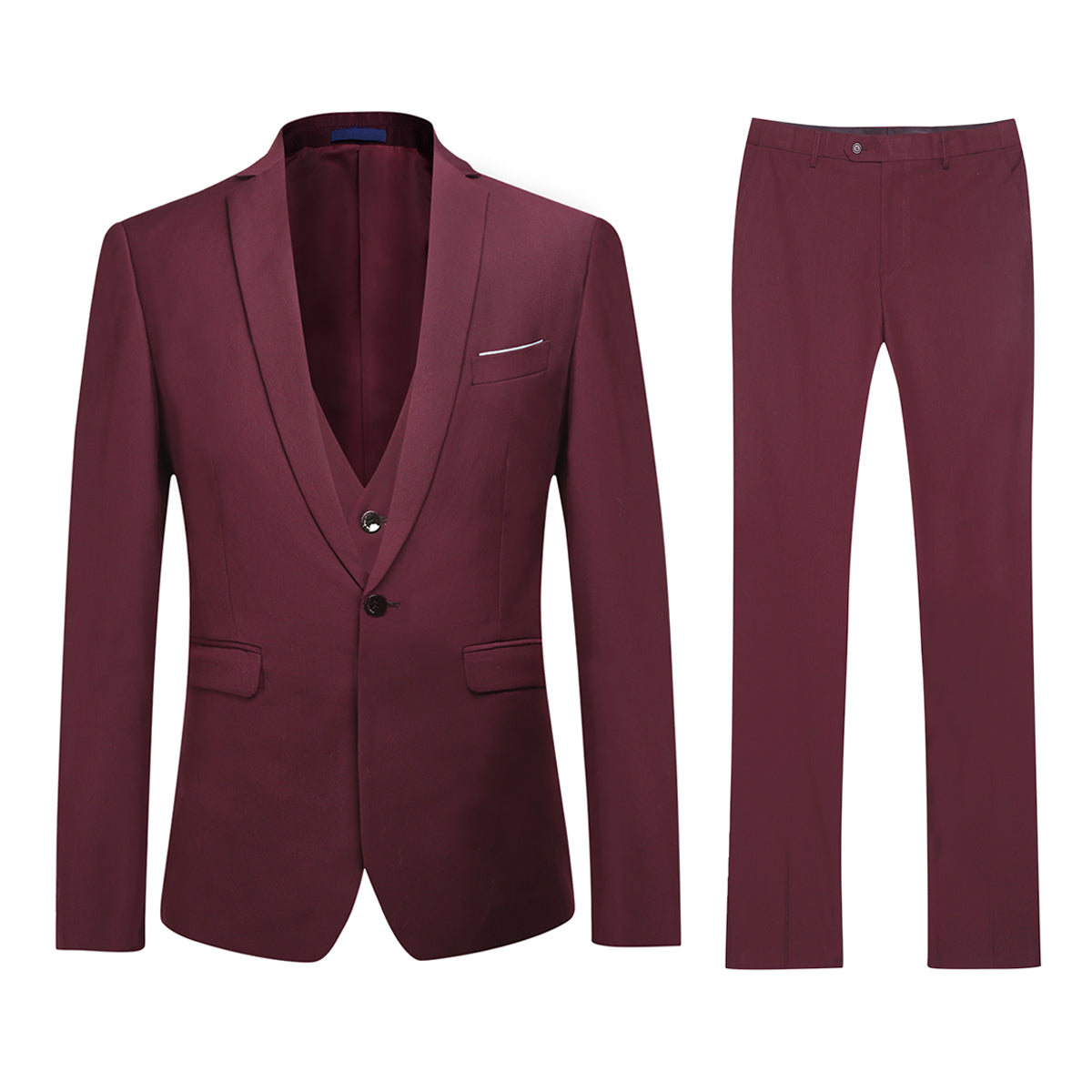 YFFUSHI Men's Slim Fit 3 Piece Suit One Button Suits Blazer Tux Vest & Trousers Maroon