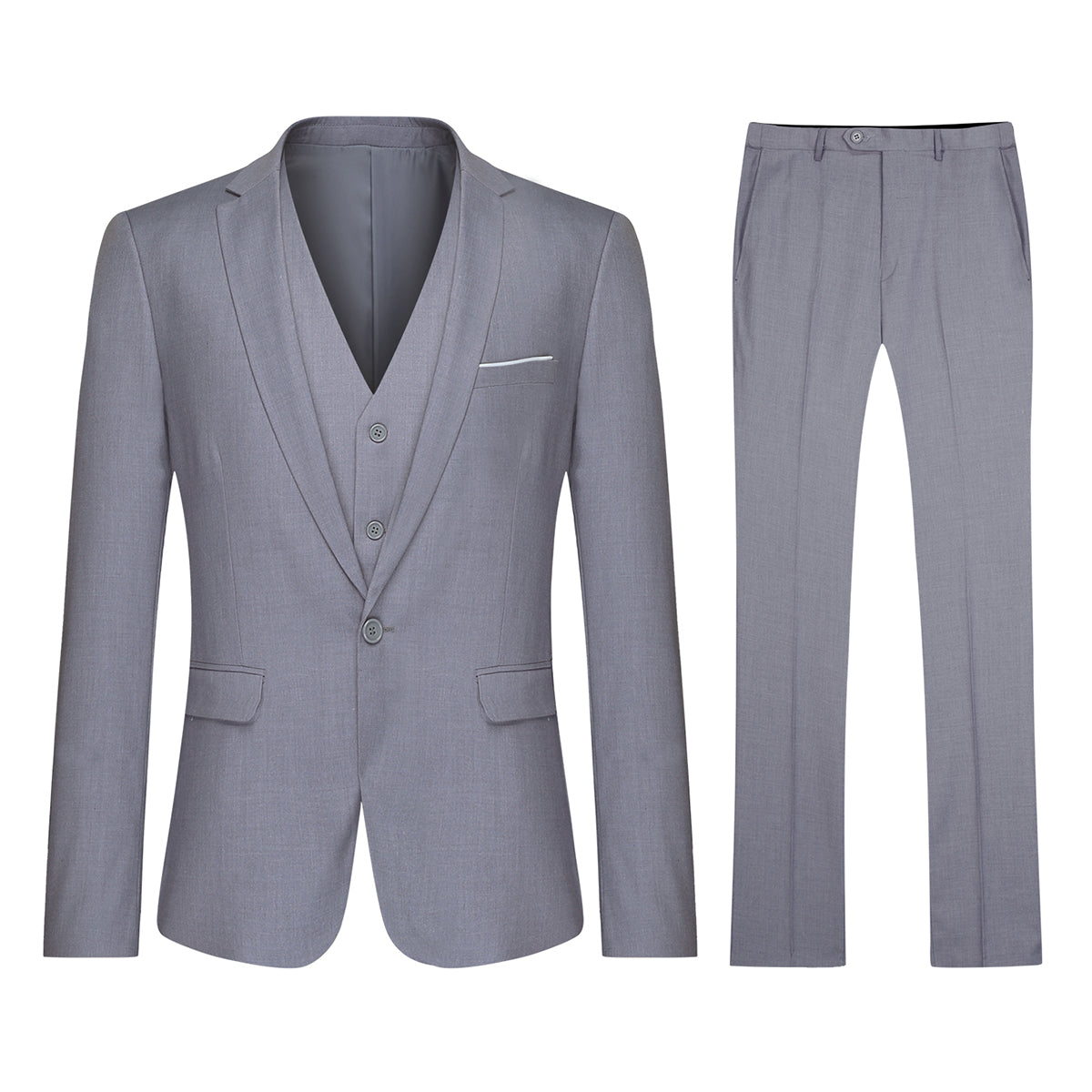 YFFUSHI Men's Slim Fit 3 Piece Suit One Button Suits Blazer Tux Vest & Trousers Birch Silver