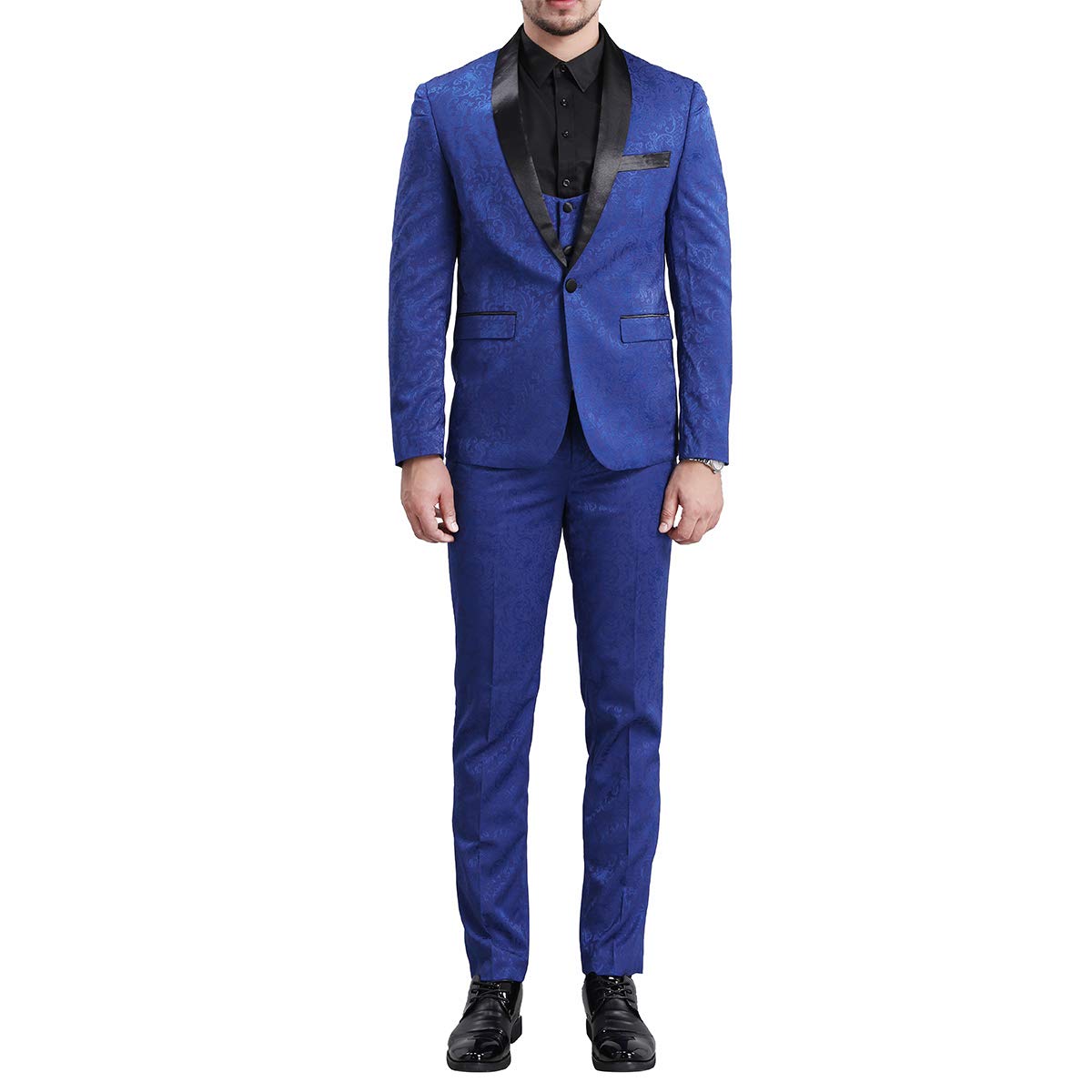 YFFUSHI Men's 3 Piece Suit Elegant Jacquard Slim Fit Royal Tuxedo Blue