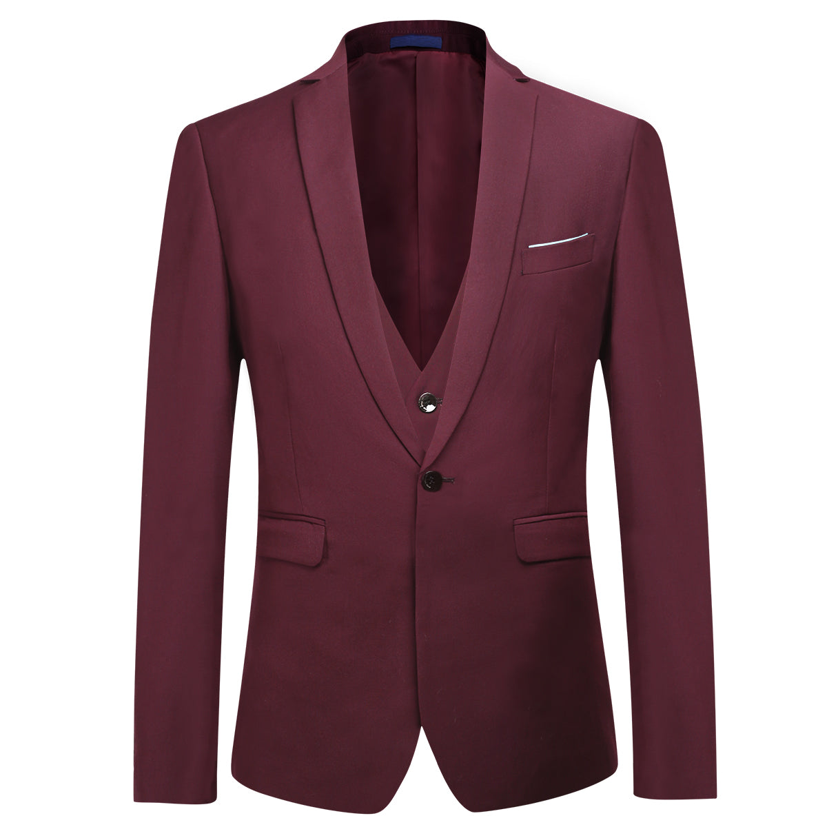 YFFUSHI Men's Slim Fit 3 Piece Suit One Button Suits Blazer Tux Vest & Trousers Maroon
