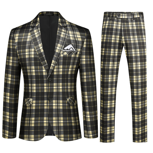 YFFUSHI Men's Plaid Tweed 2 Piece Suit Slim Fit Button Dinner Suit Tuxedo Yellow