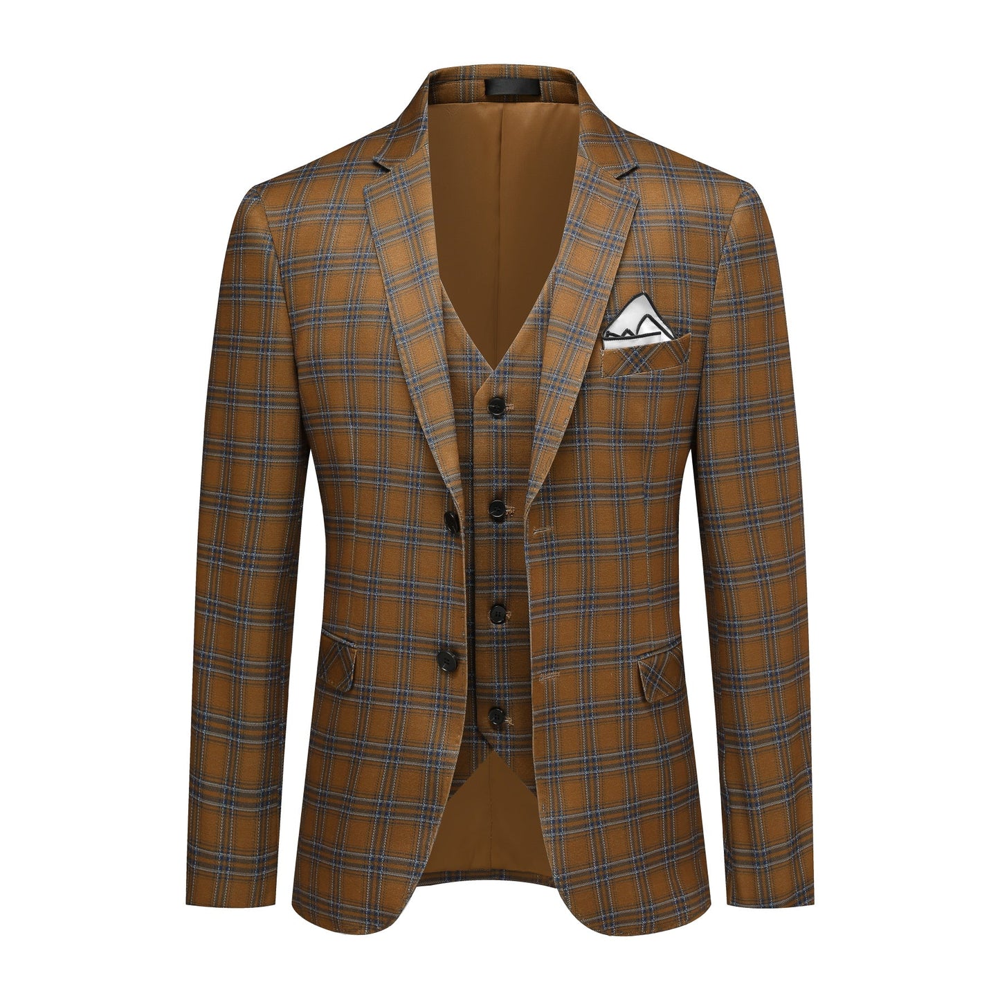 YFFUSHI Men's Plaid Tweed 3 Piece Suit Slim Fit Button Dinner Suit Tuxedo Brown