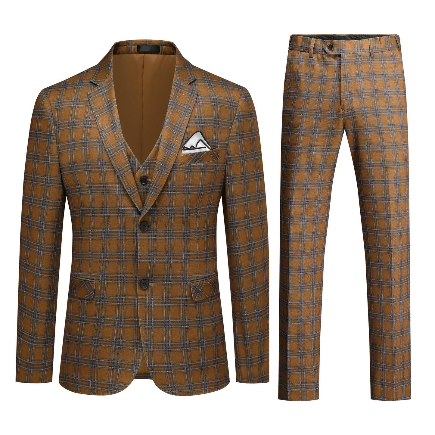 YFFUSHI Men's Plaid Tweed 3 Piece Suit Slim Fit Button Dinner Suit Tuxedo Brown