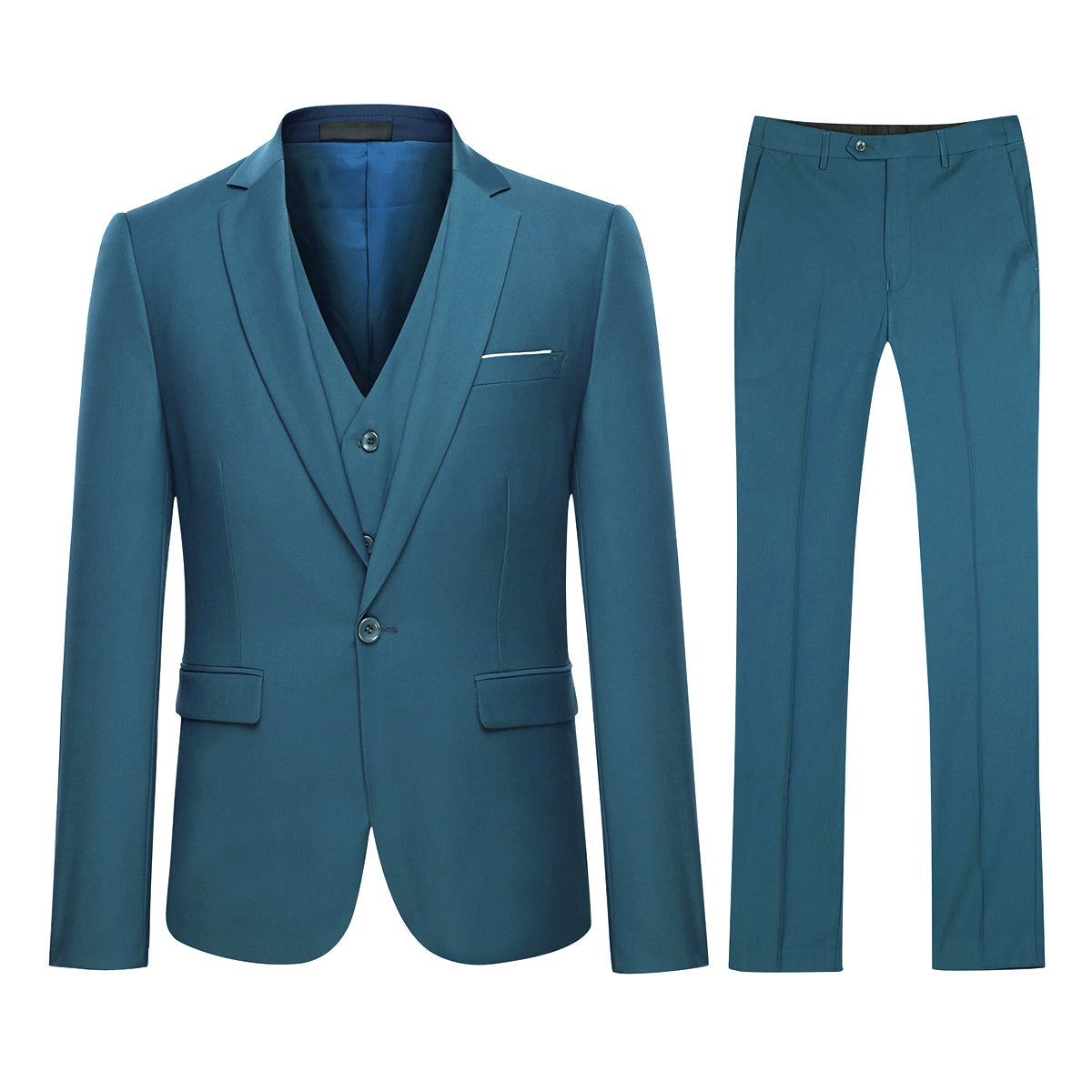 YFFUSHI Men's Slim Fit 3 Piece Suit One Button Suits Blazer Tux Vest & Trousers Teal Blue