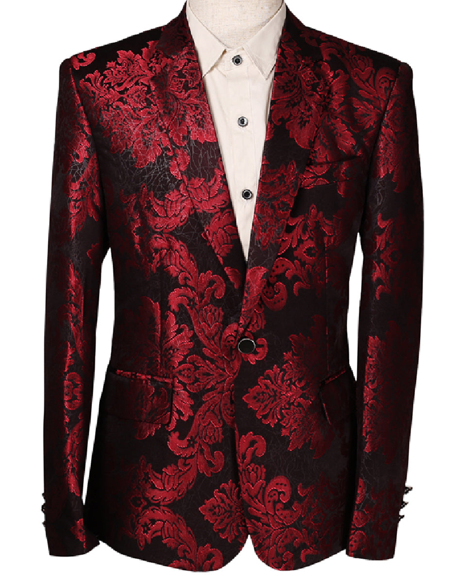 YFFUSHI Mens Dress Floral Suit Slim Fit Stylish Casual Printed Blazer Red