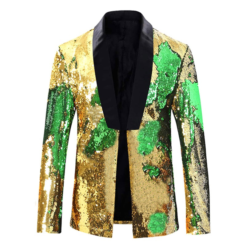 Mens Buttonless Reversible Sequins Yellow & Green Blazer With Black Satin Collar