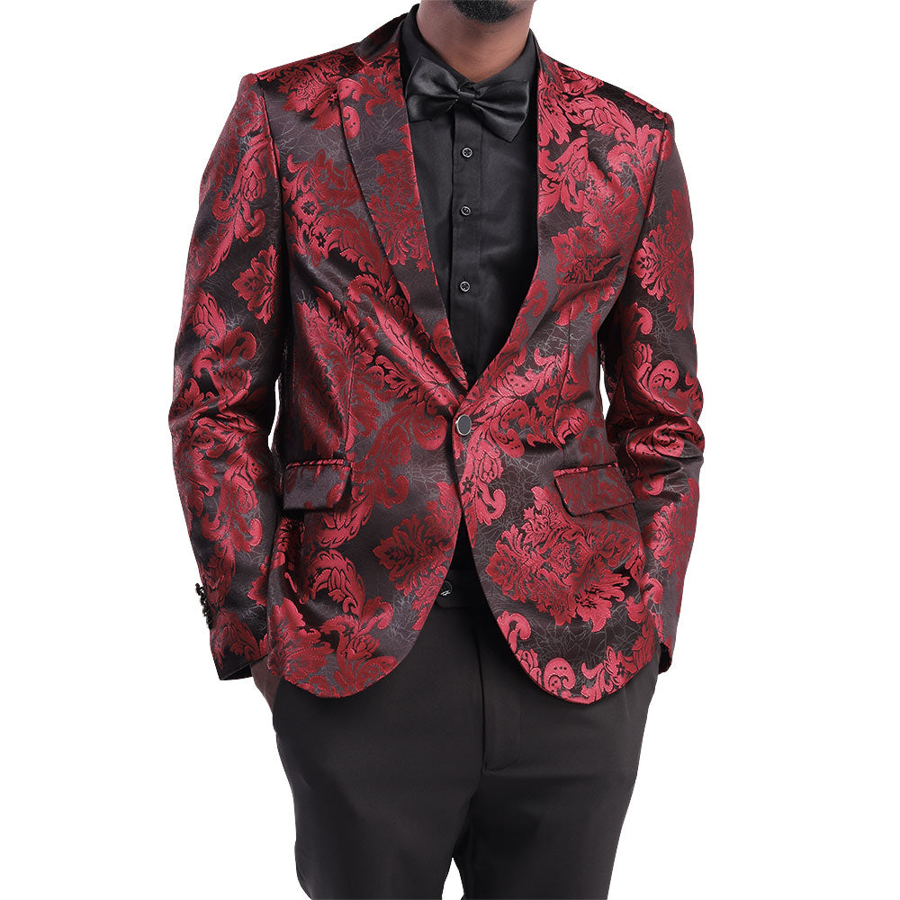 YFFUSHI Mens Dress Floral Suit Slim Fit Stylish Casual Printed Blazer Red