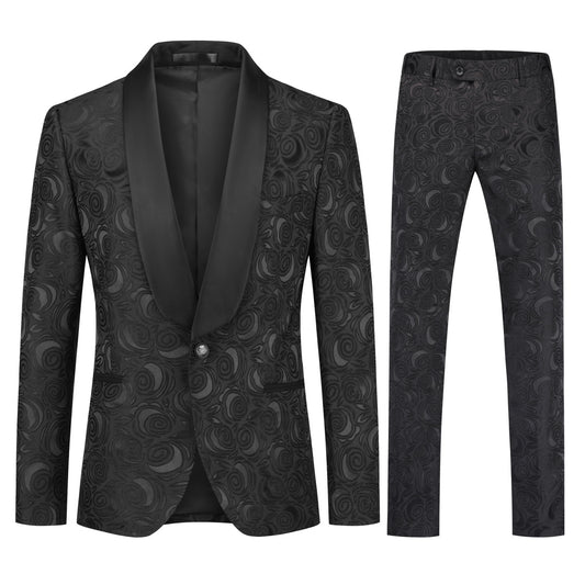 YFFUSHI Men's 2 Piece Suits Tuxedo 1 Button Shawl Collar Suit Black