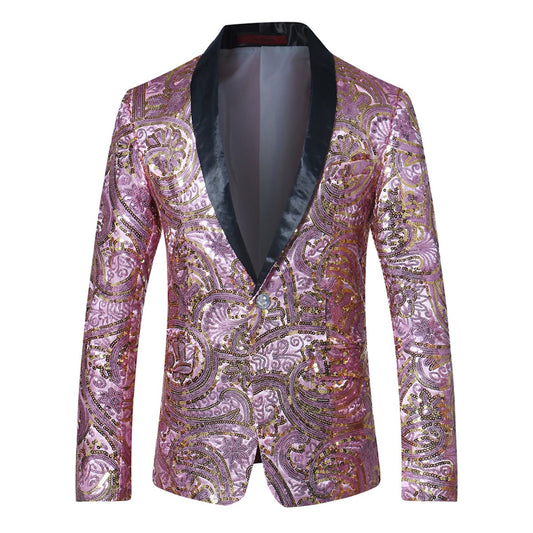 YFFUSHI Mens Party Wedding Sequin Floral Blazer Pink