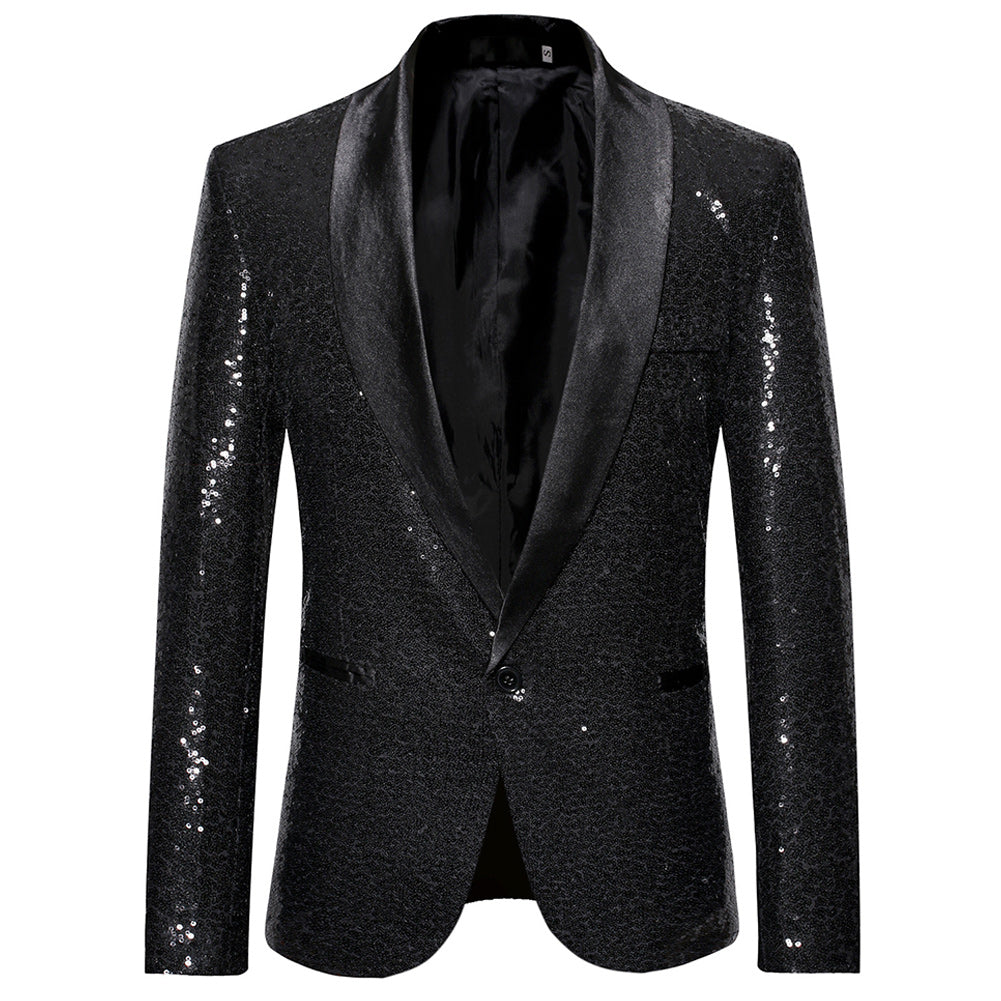 YFFUSHI Mens Shiny Sequin Jacket Party Dinner Blazer Black