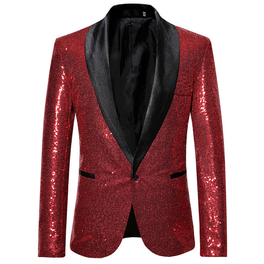 YFFUSHI Mens Shiny Sequin Jacket Party Dinner Blazer Red