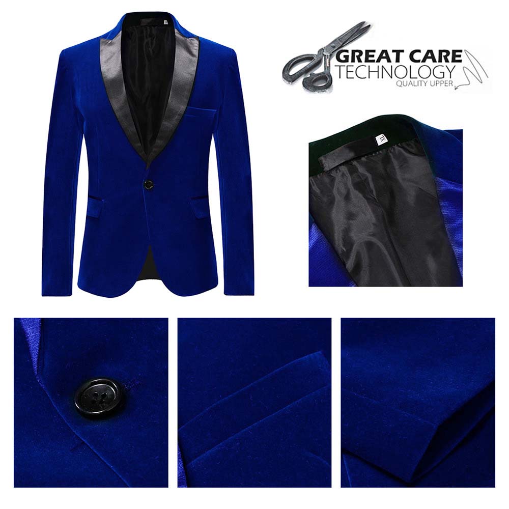 YFFUSHI Mens Slim Fit 2-Piece Pleuche Velvet Tuxedo Suit Blue