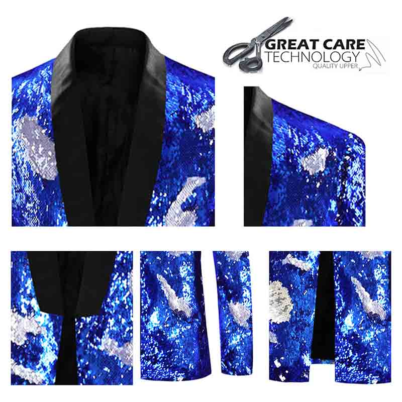 Mens Buttonless Reversible Sequins Blue & Silver Blazer With Black Satin Collar