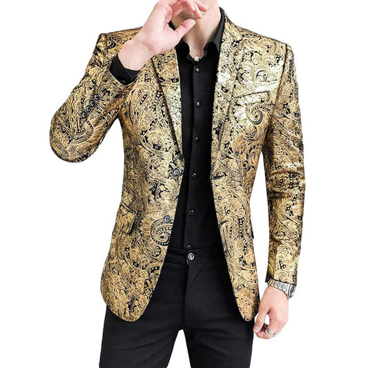 YFFUSHI Mens Slim Fit Floral Blazer Gold