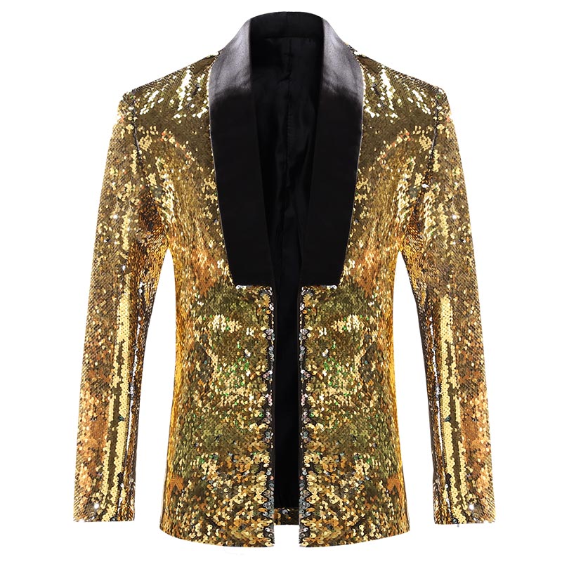 Mens Buttonless Reversible Sequins gold & silver Blazer With Black Satin Collar