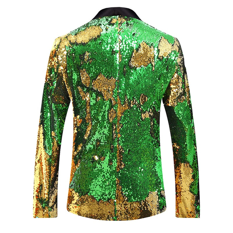 Mens Buttonless Reversible Sequins Yellow & Green Blazer With Black Satin Collar