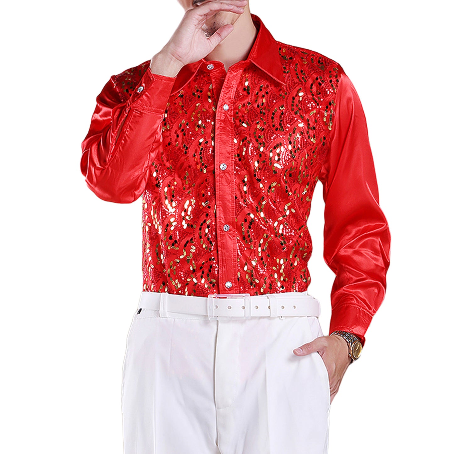 YFFUSHI Mens Slim Fit Sequin Party Shirt Red