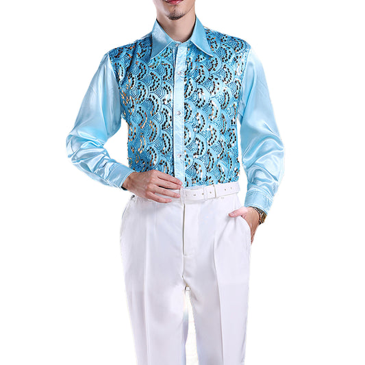 YFFUSHI Mens Slim Fit Sequin Party Shirt Sky Blue