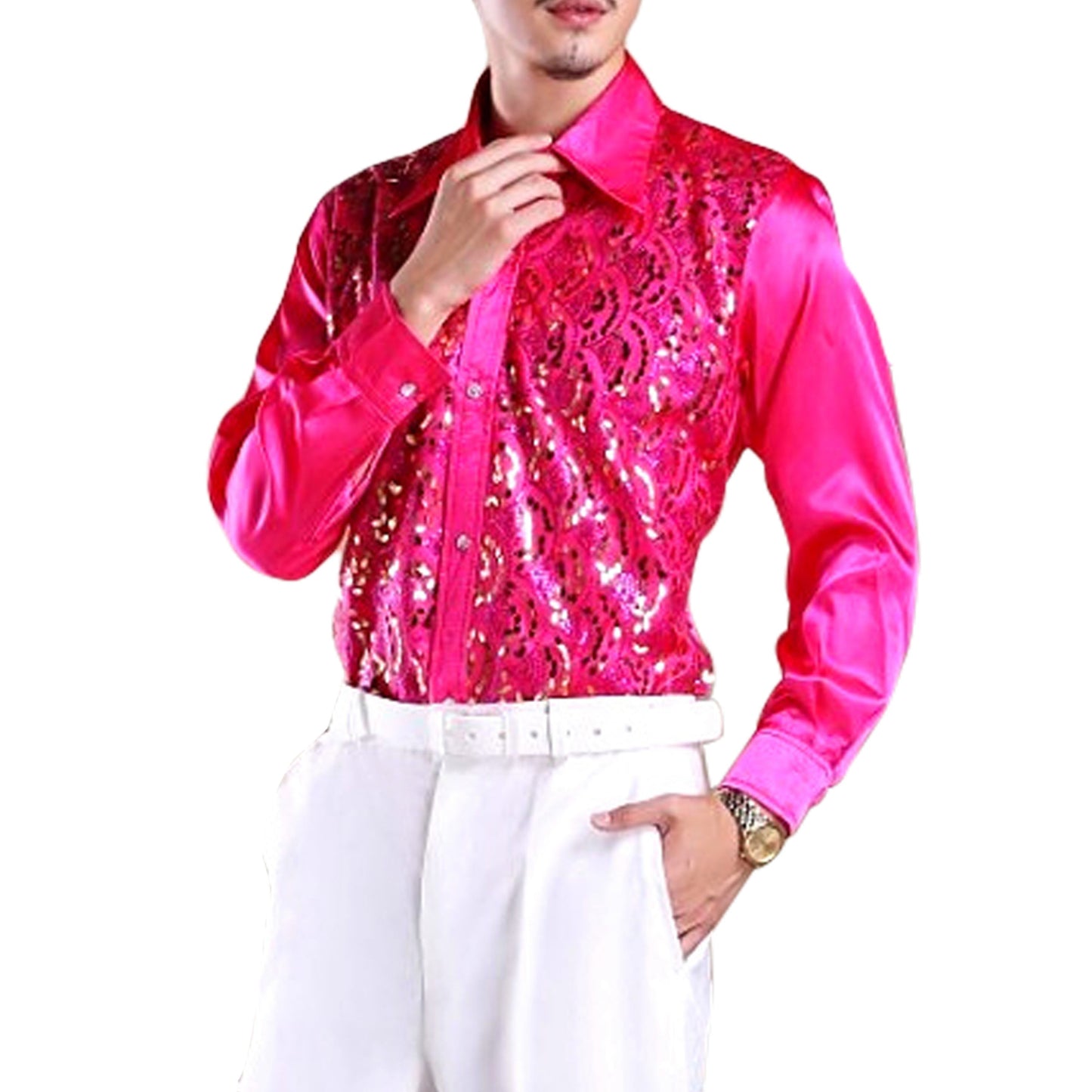 YFFUSHI Mens Slim Fit Sequin Party Shirt Medium Violet Red