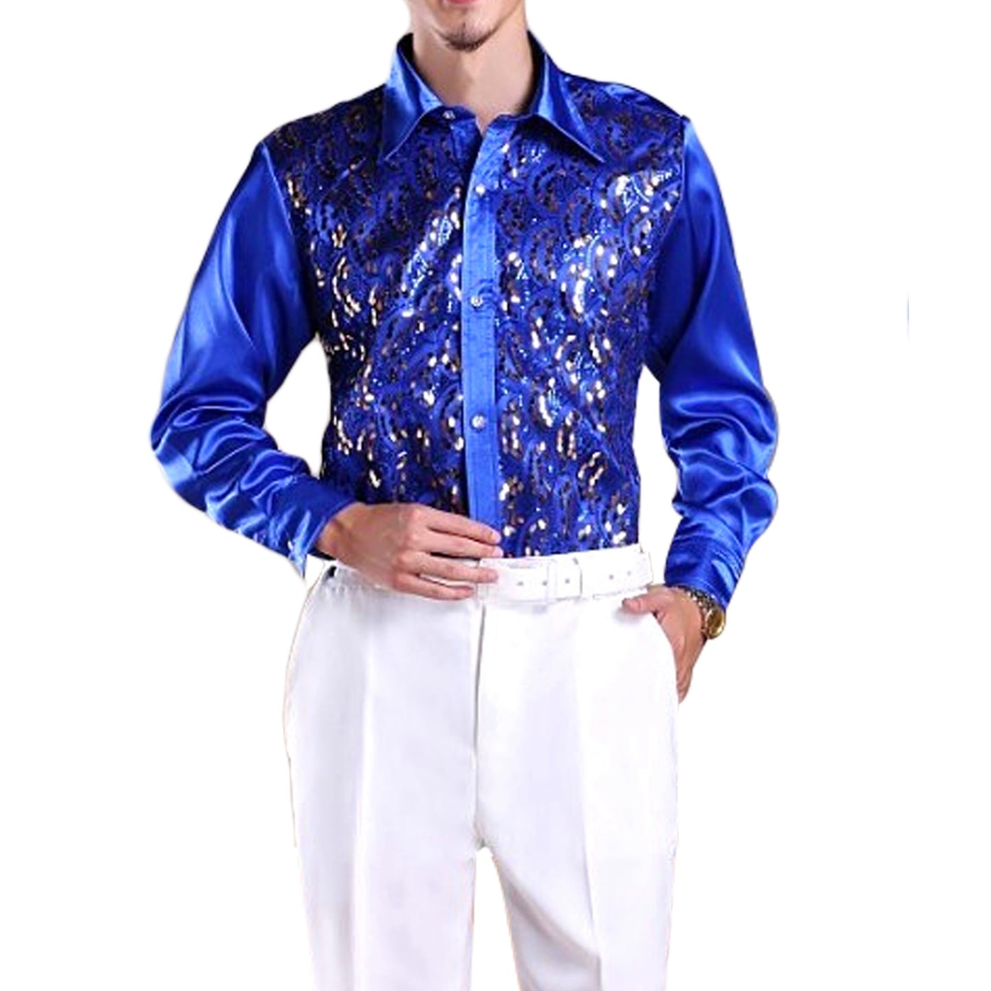 YFFUSHI Mens Slim Fit Sequin Party Shirt Dark Blue