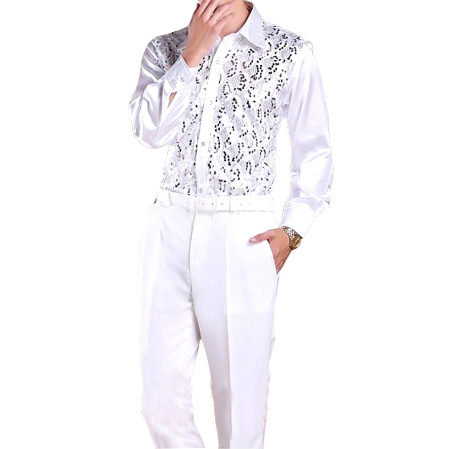 YFFUSHI Mens Slim Fit Sequin Party Shirt White