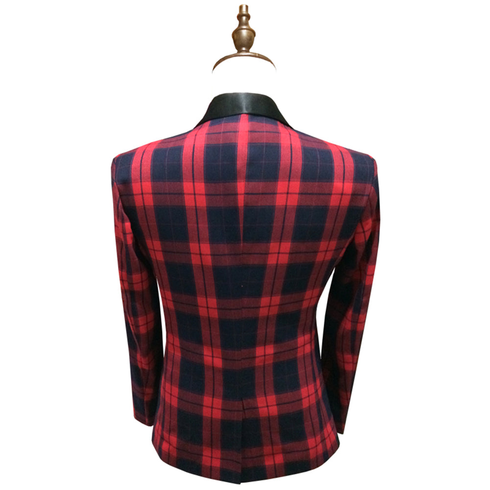 YFFUSHI Mens Plaid Blazer Slim Fit Tuxedo Blazer Red