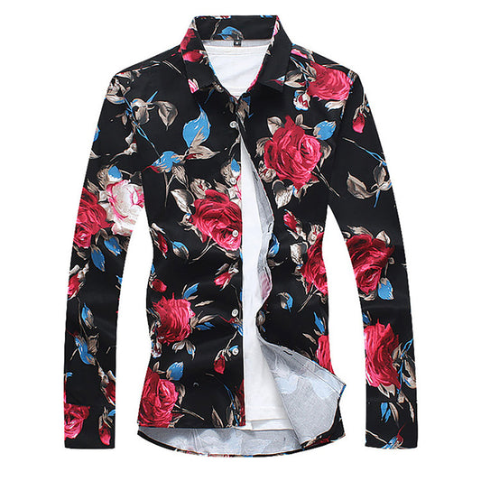 YFFUSHI Slim Fit Black Satin Floral Print Shirt