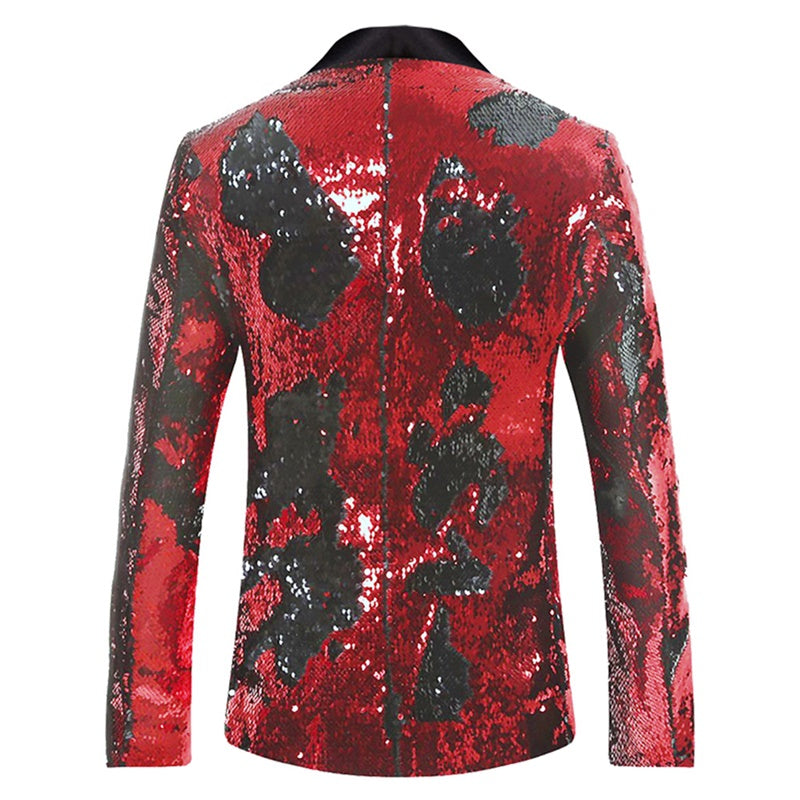 Mens Buttonless Reversible Sequins Red & Black Blazer With Black Satin Collar