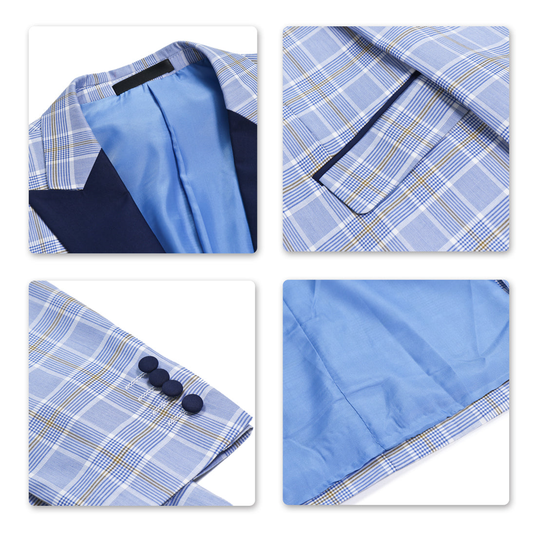 3-Piece Slim Fit Plaid Suit LightBlue - YFFushi