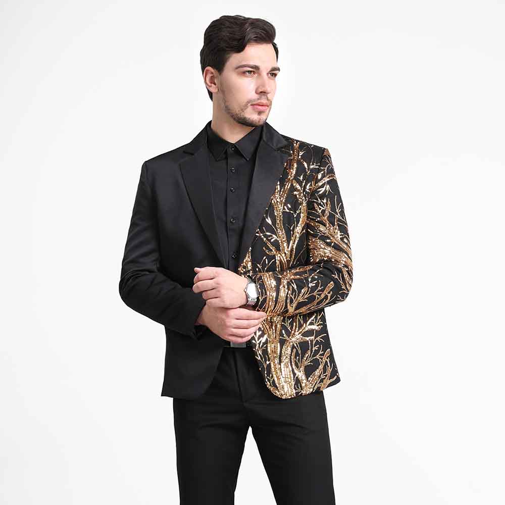 YFFUSHI Mens Slim Fit Floral Sequin Blazer Party Prom Black