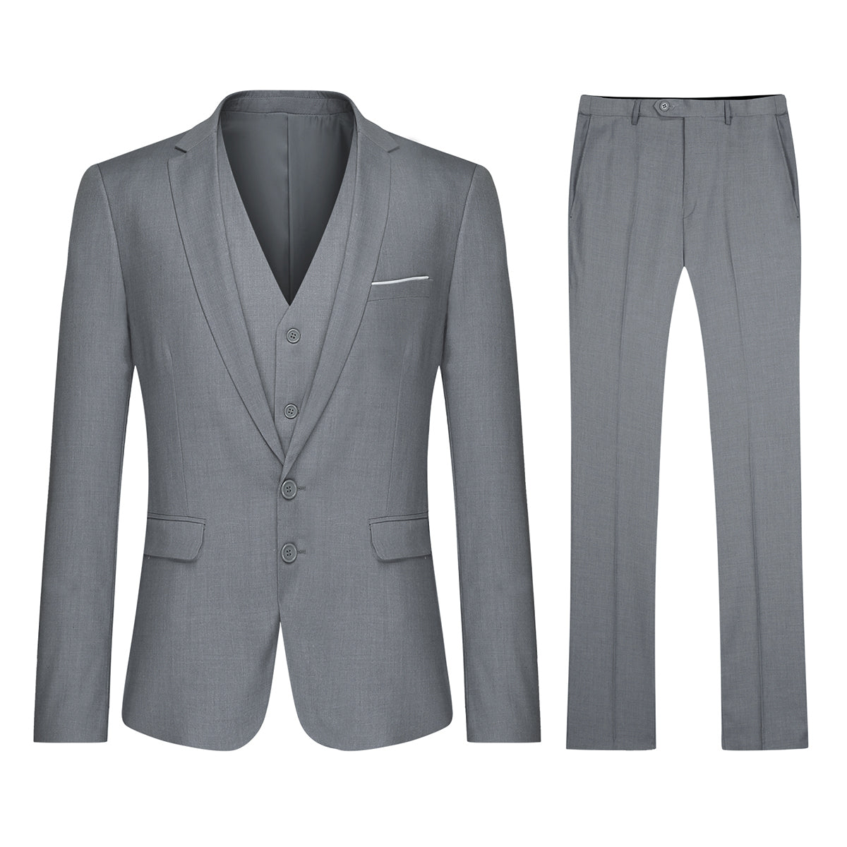 YFFUSHI Mens 3 Piece Suit Set 2 Button Dress Suit for Meeting Prom Party Light Gray