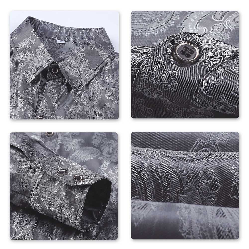 YFFUSHI Slim Fit Embroidered Paisley Shirt Grey