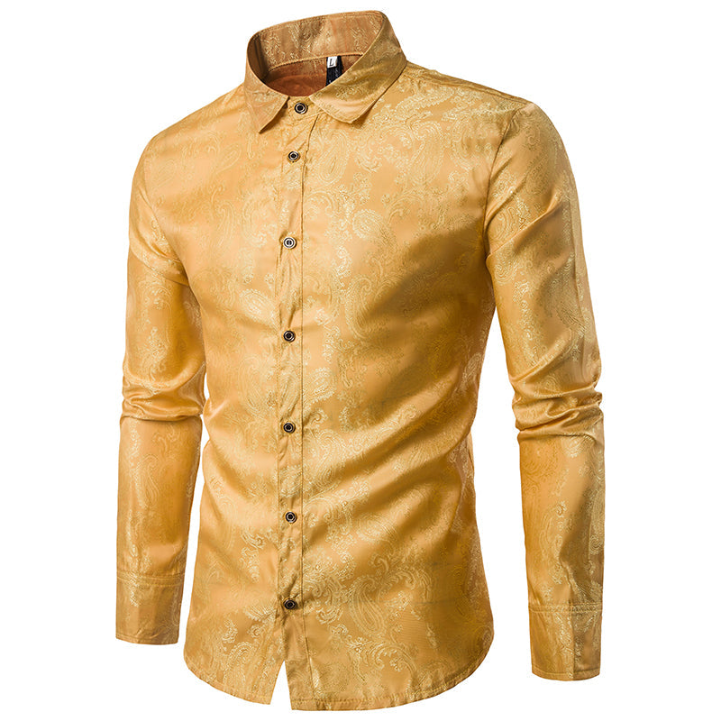 YFFUSHI Slim Fit Embroidered Paisley Shirt Yellow