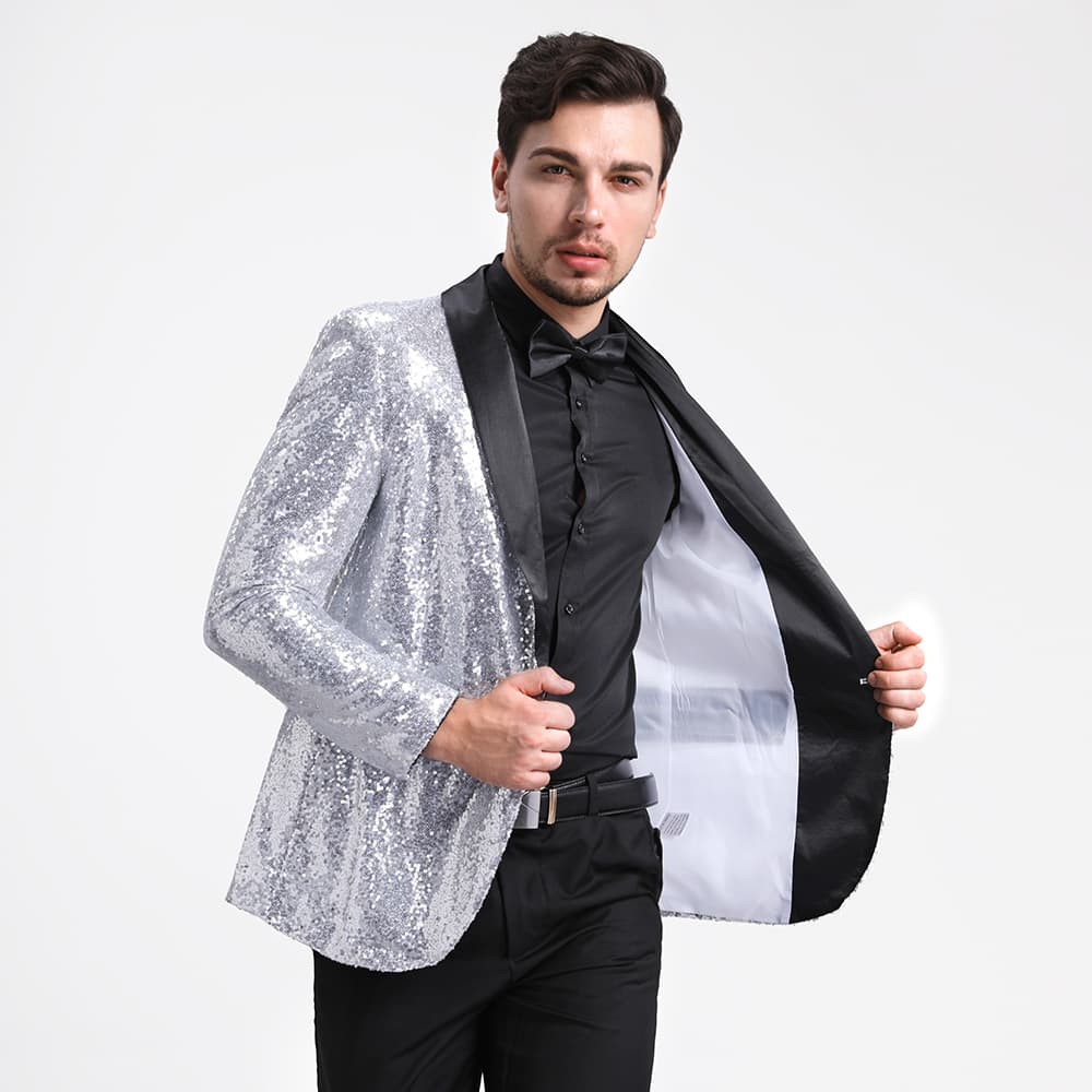 YFFUSHI Mens Shiny Sequin Jacket Party Dinner Blazer Silver