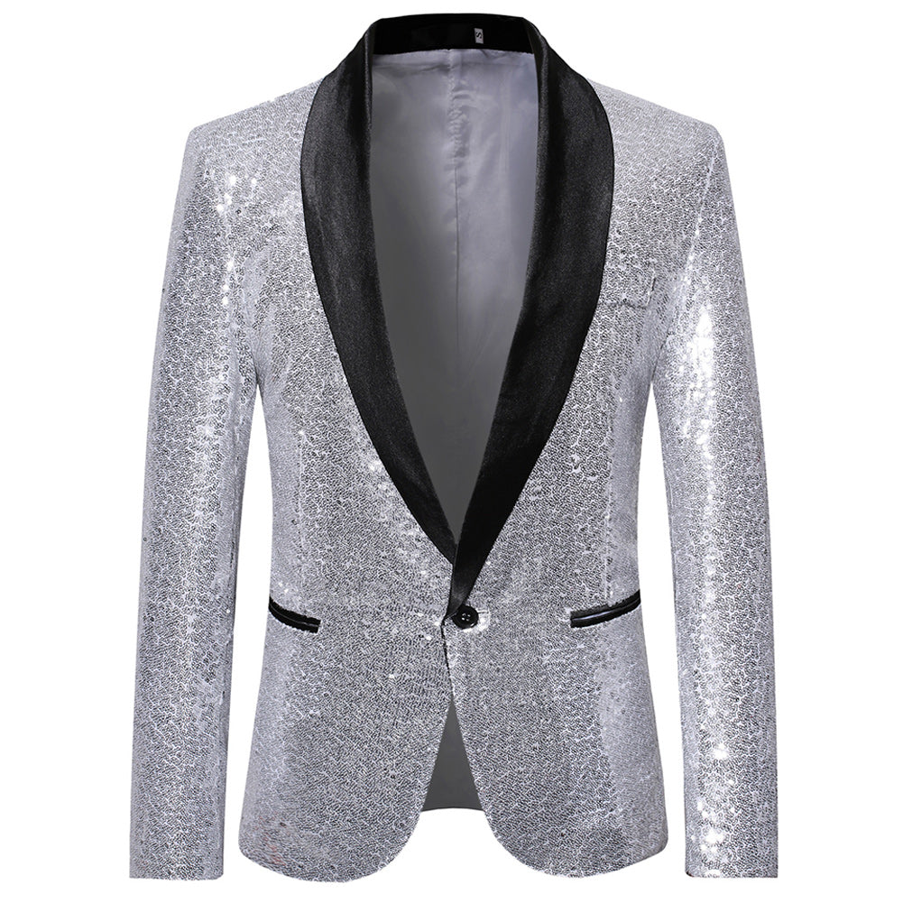 YFFUSHI Mens Shiny Sequin Jacket Party Dinner Blazer Silver