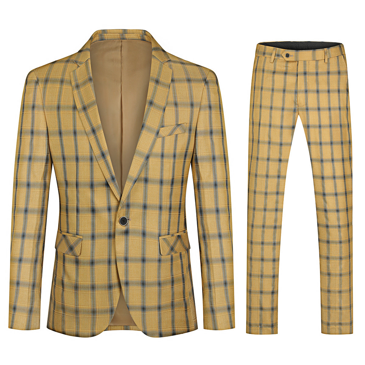 YFFUSHI Mens 2 Piece Dress Suit Plaid Slim Fit Fashion Suit Yellow