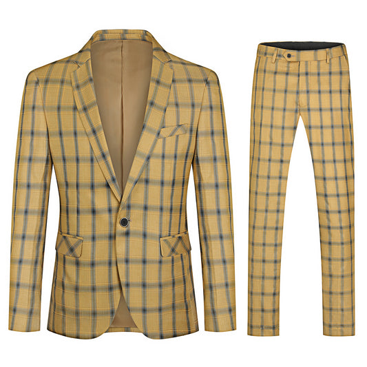 YFFUSHI Mens 2 Piece Dress Suit Plaid Slim Fit Fashion Suit Yellow