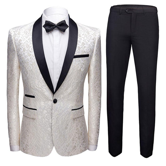 YFFUSHI Mens 2-Piece Print Suit Slim Fit Paisley Suit White