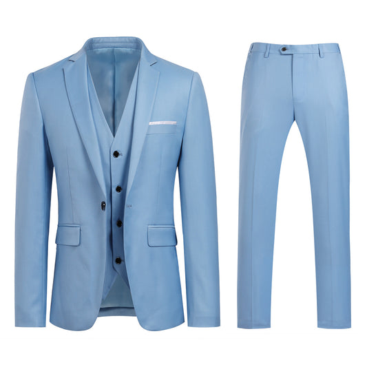 YFFUSHI Mens 3 Piece Suit Slim Fit One Button Solid Color Formal Dress Light Blue