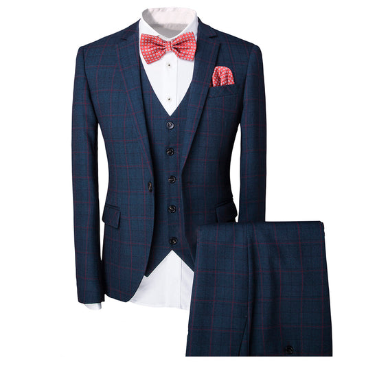 YFFUSHI Mens Plaid Suit 3-Piece Casual Suit Dark Blue