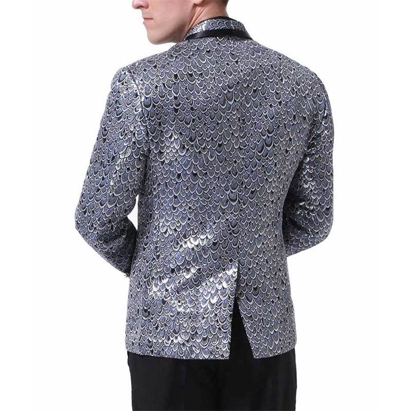 YFFUSHI Mens 2-Piece Slim Fit Fish Scales Sequin Suit Silver