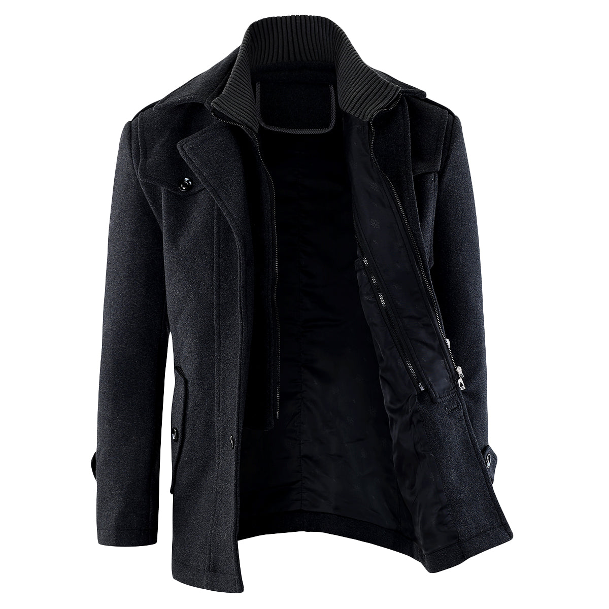 YFFUSHI Men's Winter Wool Trench Coat Fleece Blend Stylish Single Breasted Warm Peacoat Black